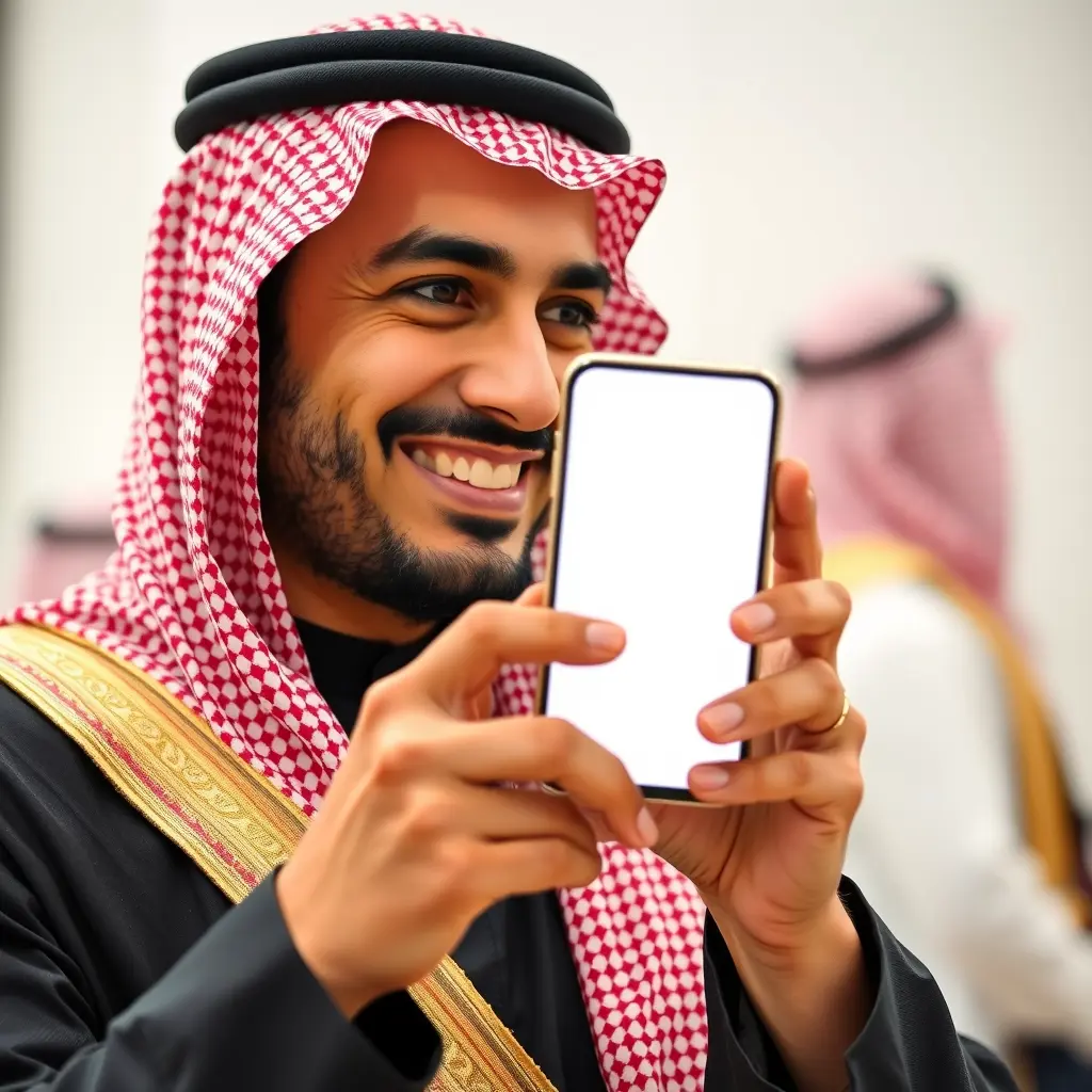 رجل سعودي يمسك بهاتفه وينظر إليه وهو مبتسم والكاميرا من الخلف وتظهر شاشة الجوال وهي بيضاء