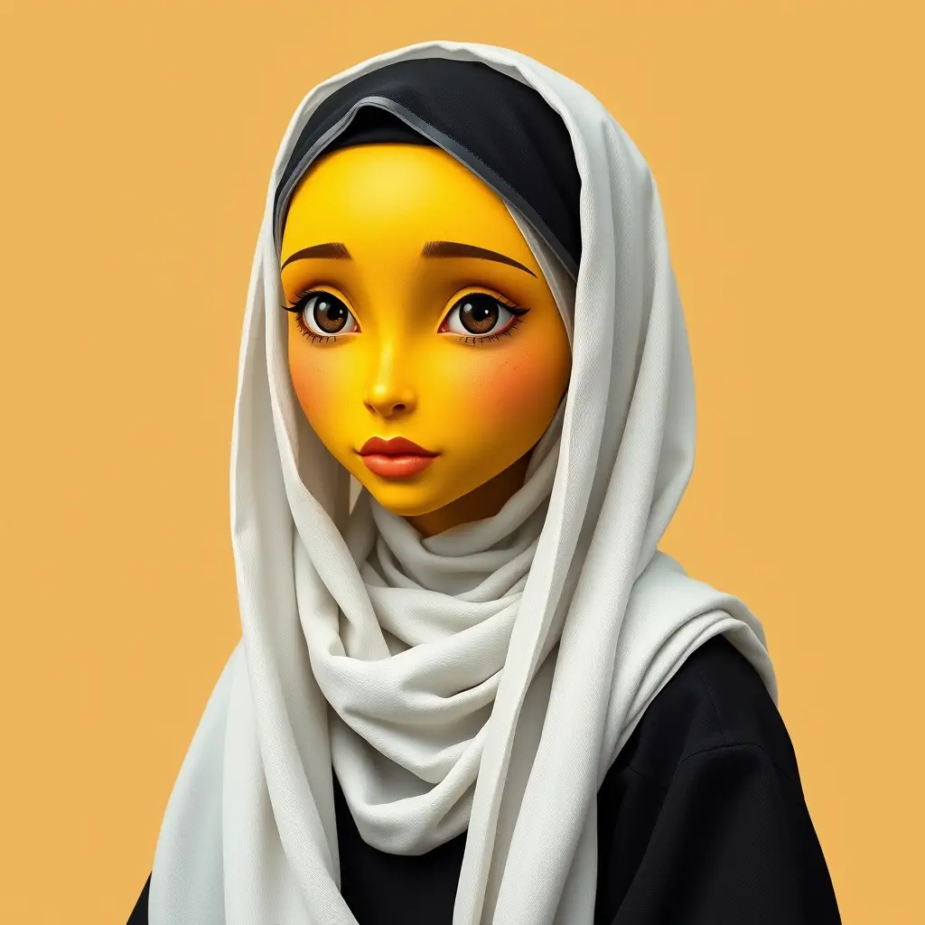 بنت وجه لون اصفر لابسه جلبات اسود محجبه لون ابيض قمطه سودا بوط ابيض عالي وجه مطاول عيون اسود دائري شفايف صغار انف وسط