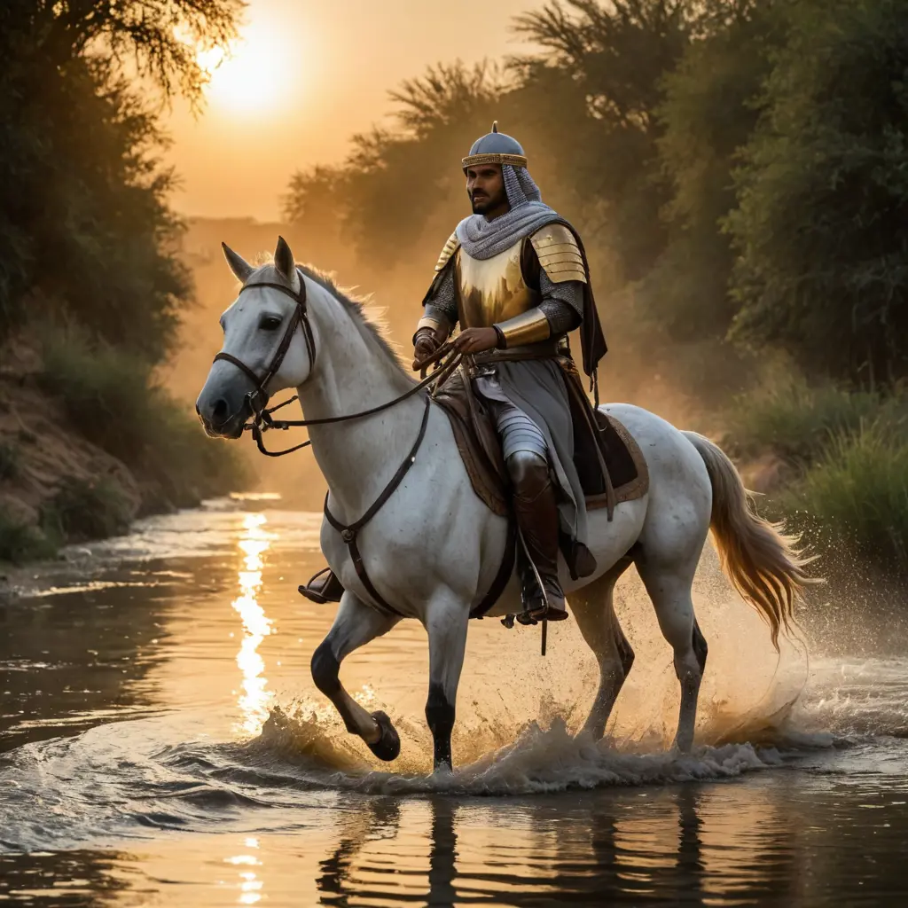 صورة فارس عربي على خيل وبيده صقر أثناء شروق الشمس وأمامه غدير ماء