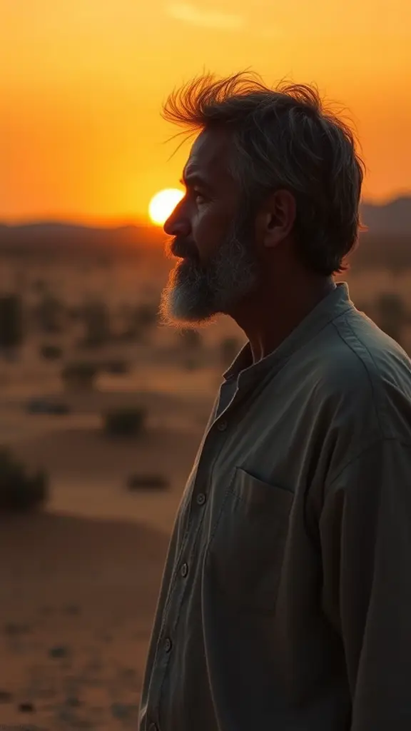 رجل حزين وسط الصحراء فى وقت الغروب مشهد من مسافة بعيدة