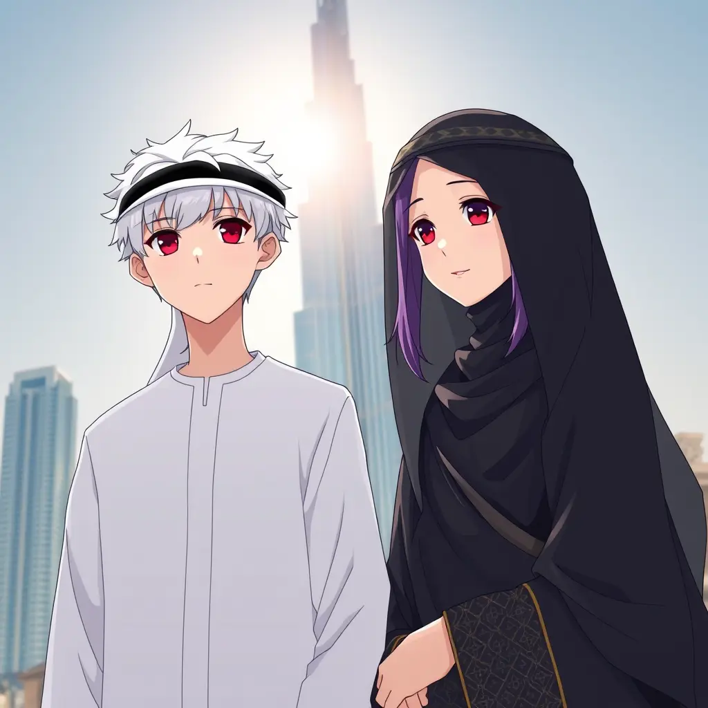 فتى انمي ذو شعر ابيض و عيون حمراء يرتدي الملابس الاماراتية الكندورة و تلك اللتي على الرأس بجانيه زوجته ترتدي العباية و الخمار السوداوين ومعهما ابنهما ذو شعر بنفسجي و عيون حمراء يرتدي الملابس الاماراتية الكندورة و تلك اللتي على الرأس امام برج خليفة في الامارات مع الاجواء و اشعة الشمس الاامعة و السماء الصافية يقفون من بعديظهر كل جسمهم و اعمار الوالدين 25 سنة يعني سنهم كبير و الطفل 7 سنوات