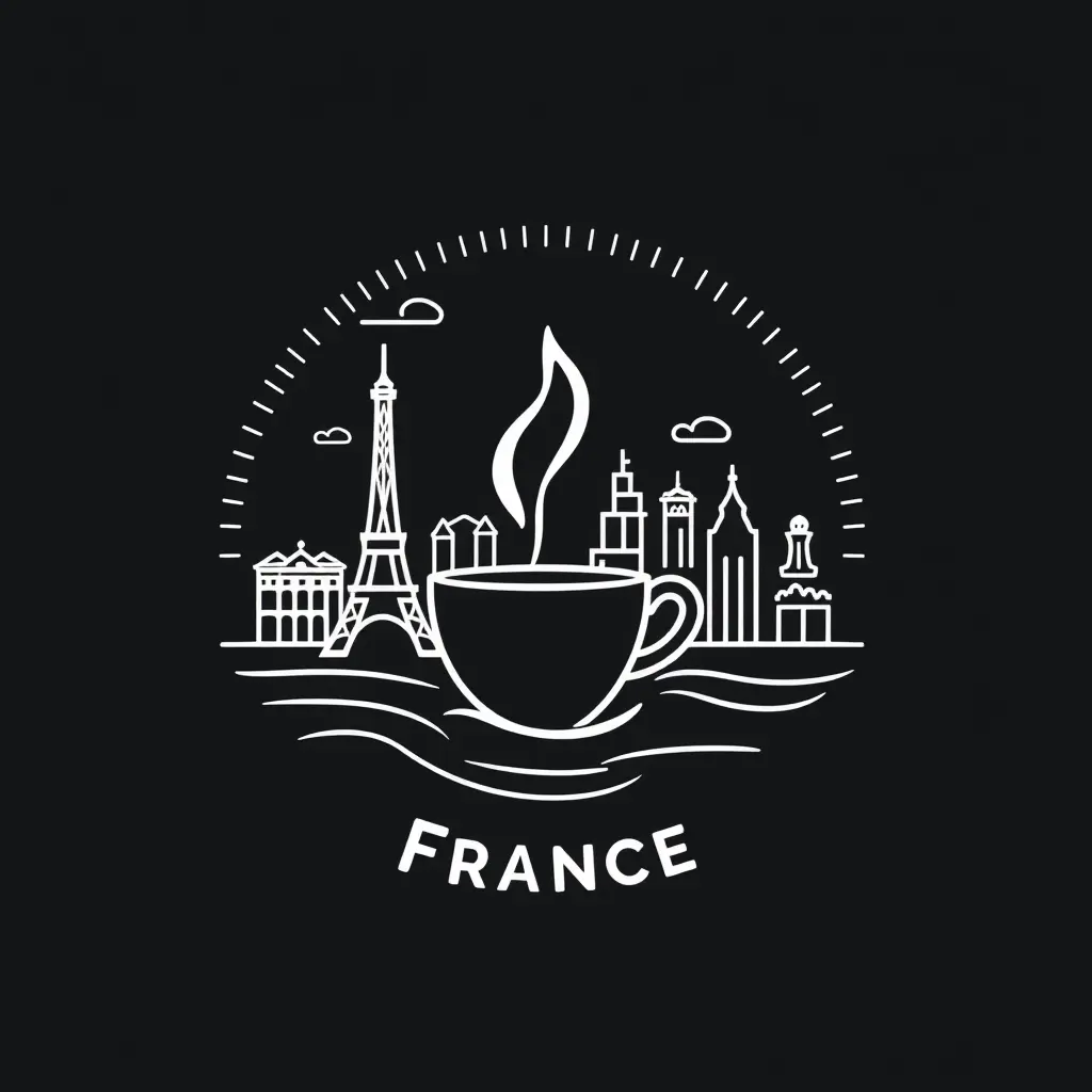 Generate a minimalistic line art style logo in 2d for a company . The logo should prominently feature coffee and landmarks and france .