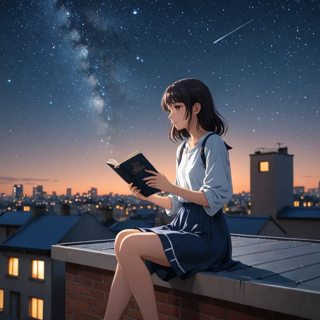 فتاه تنظر الى النجوم فتاه تشبه الانمي تنظر الى النجوم من اعلى السطح وبيدها كتاب