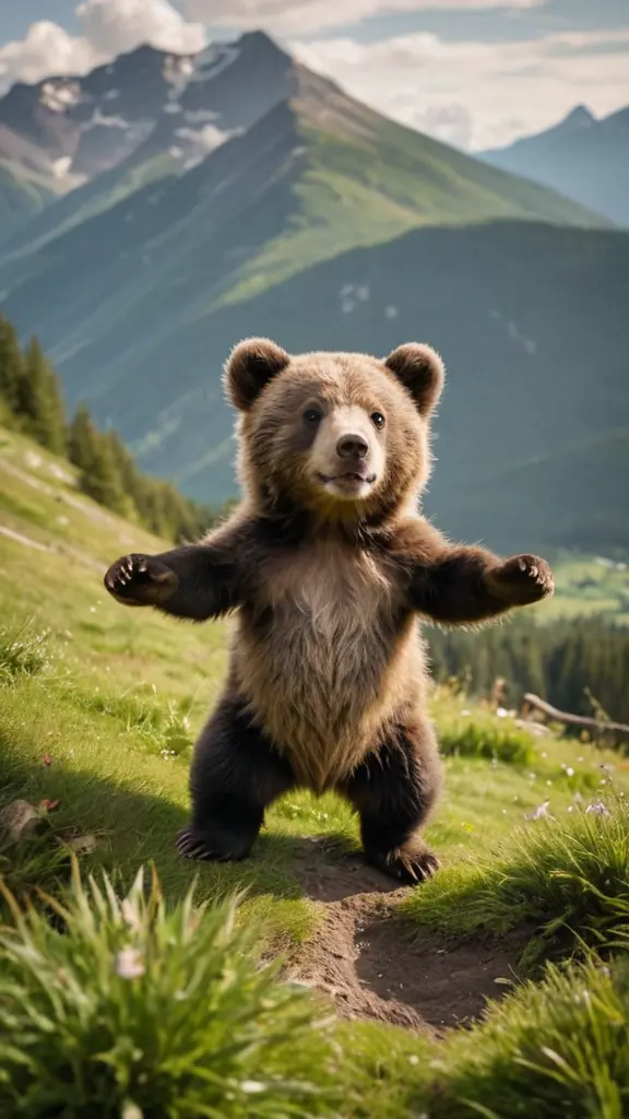 دب صغير يمرح فوق جبل اخضر وصط