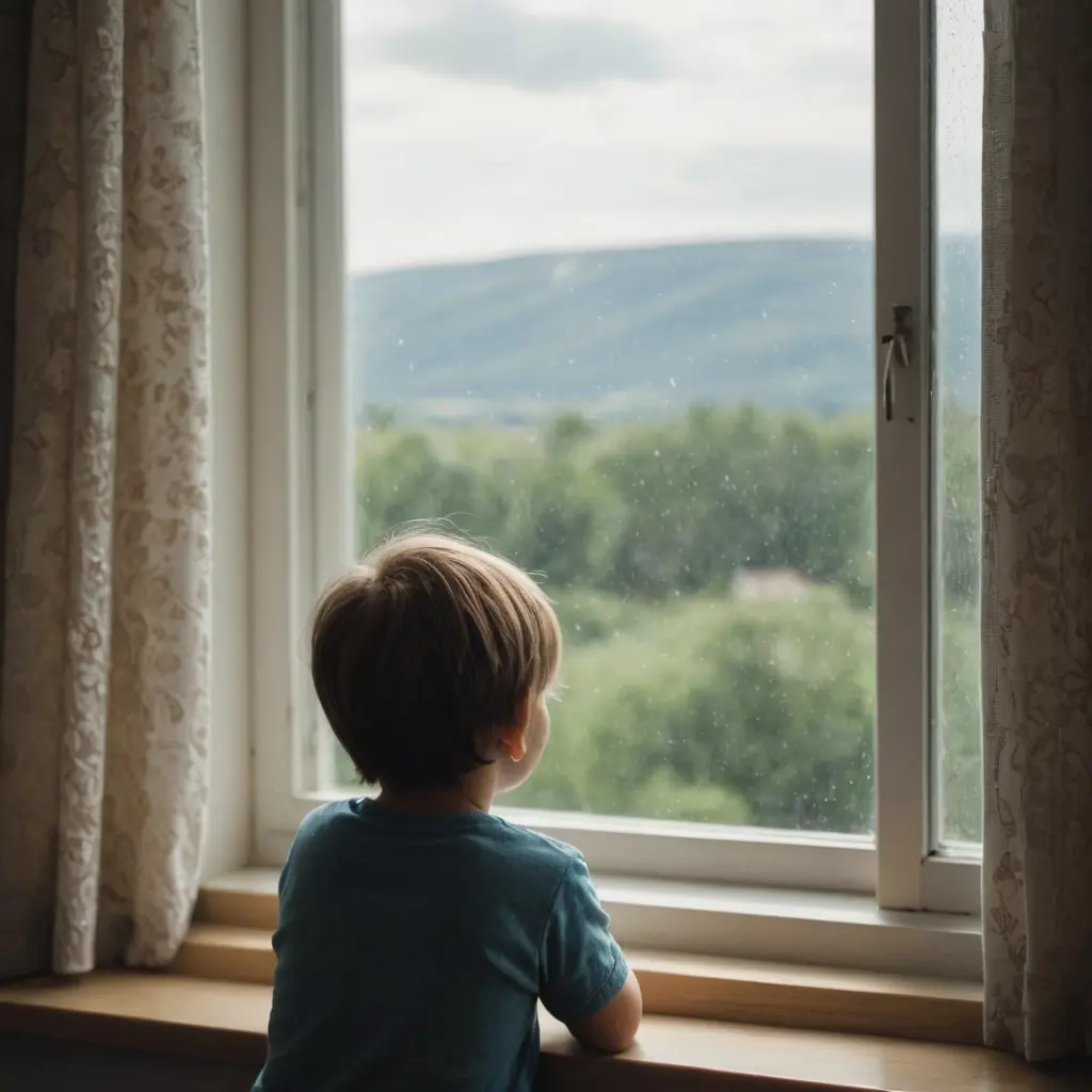 صورة طفل ينظر من الشباك