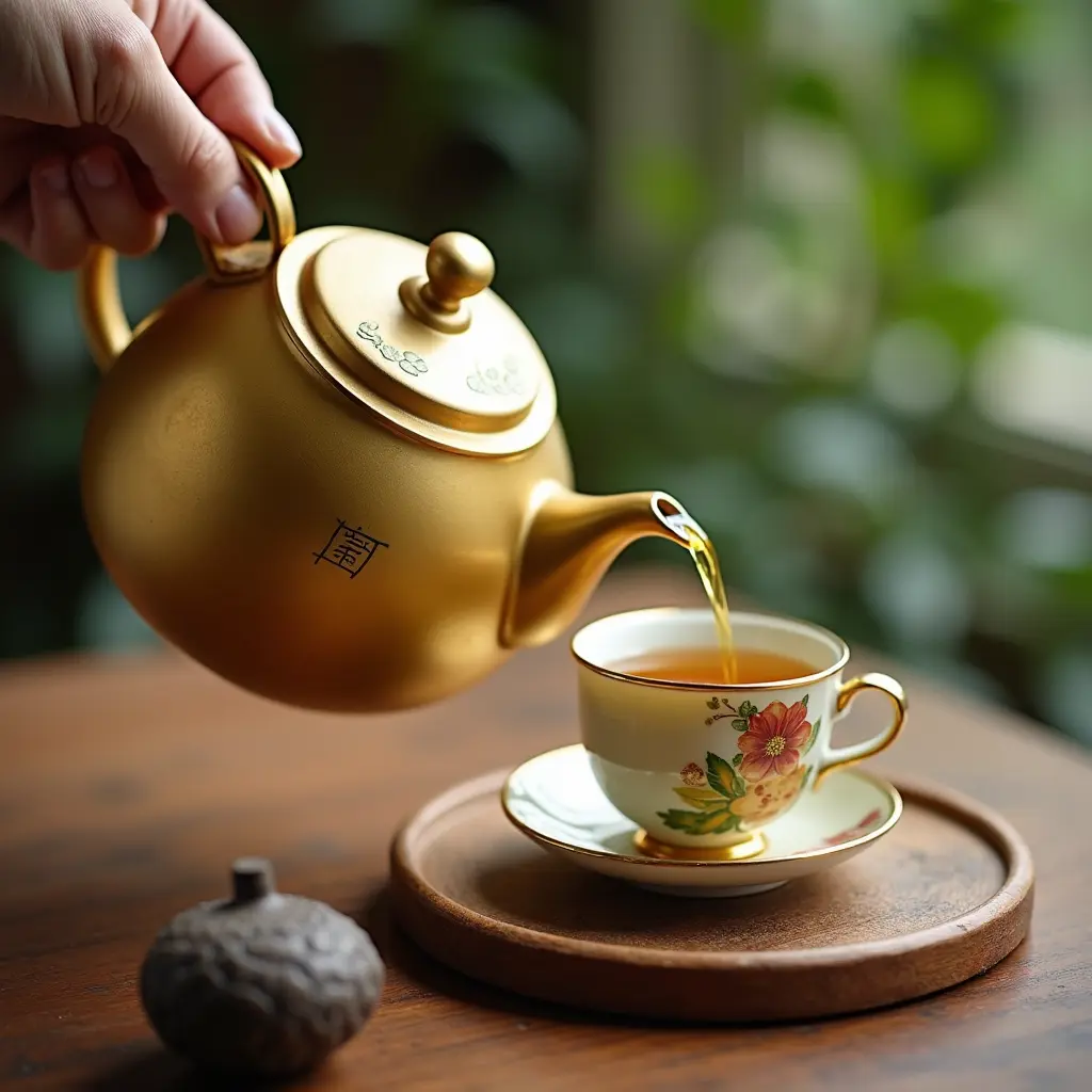 ابريق شاي ذهبي يصب الشاي الأخضر