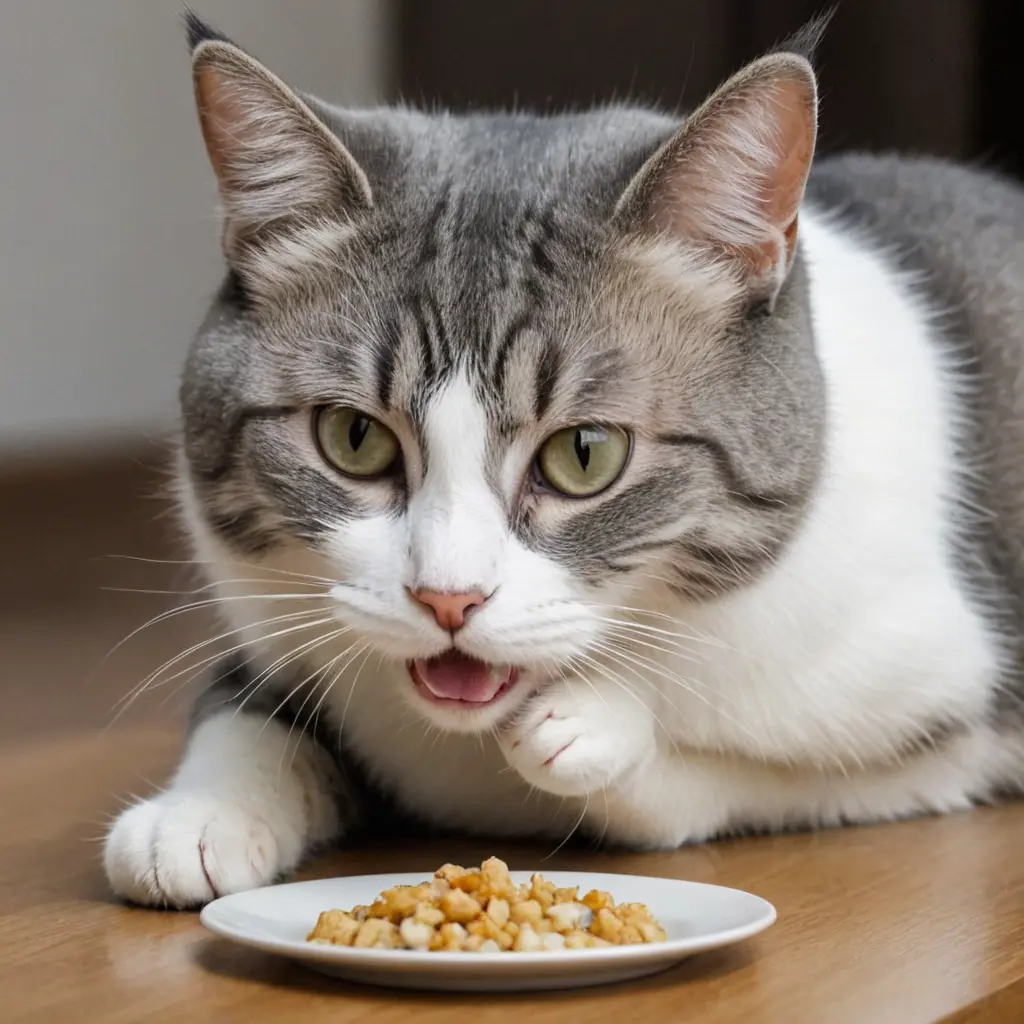 قط ذو لون رمادي و ابيض احمق ياكل بيده بأخذ اكل باليد نحو الفم