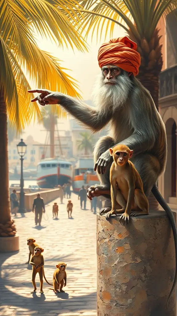 قردٌ مُسنّ ذو لحية بيضاء، يرتدي عمامة سودانية تقليدية، يجلس على عمود حجري عتيق في منطقة ميناء بورتسودان التاريخي. ينصح القرد القرود الأصغر سنًا المُتجمعة حوله بتجنب دخول الميناء الصاخب، مُشيرًا بيده المُتآكلة نحو السفن والقوارب. تتسلل أشعة الشمس عبر أوراق النخيل، مُلقيةً بظلال ذهبية على الشارع المرصوف بالحصى في الأسفل. رُسم هذا المشهد بأسلوب لوحة زيتية واقعية، مُبرزًا التفاصيل الدقيقة لفراء القرد والألوان النابضة بالحياة للمحيط.