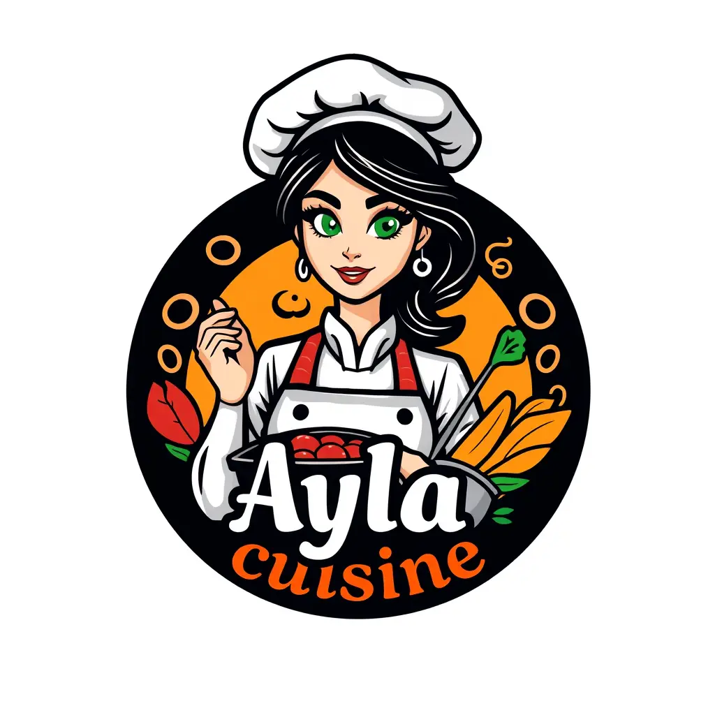 Generate a detailed emblem style logo in 2d for a company named 'Ayla cuisine' in the restaurant field. The logo should prominently feature Cook and recipes and green eyes which uses vibrant colors palette.