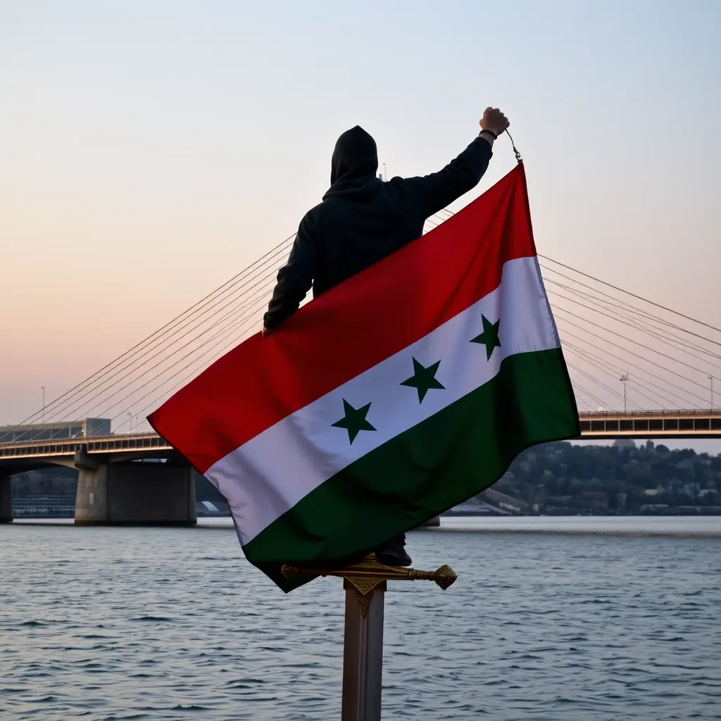 شخص واقف على السيف الدمشقي ويحمل العلم السوري لاخضر وخلفه الجسر المعلق