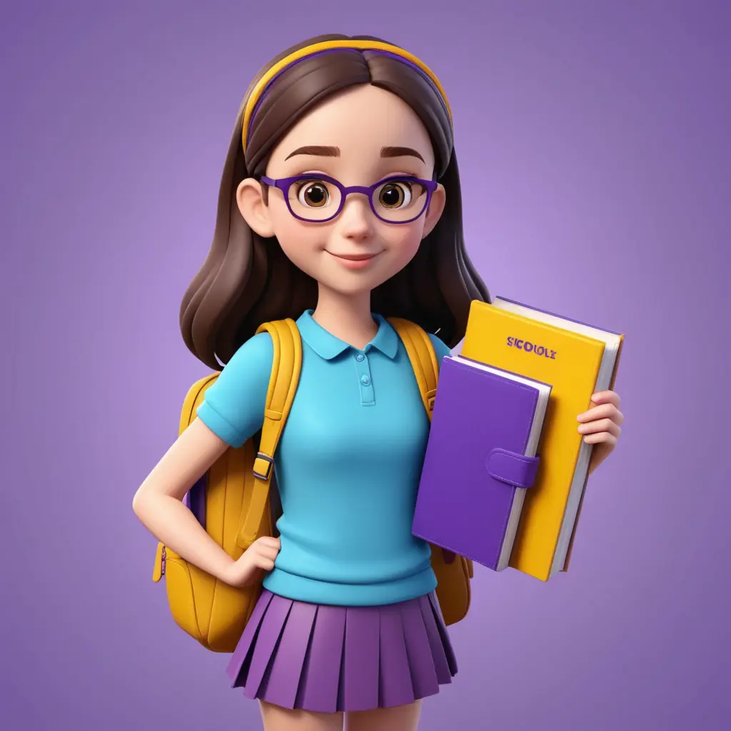 بنت تحمل كتاب وحقيبة مدرسة شخصية كرتونية بالون الازرق وخلفية بنفسجية و ذهبية
تصميم 3D