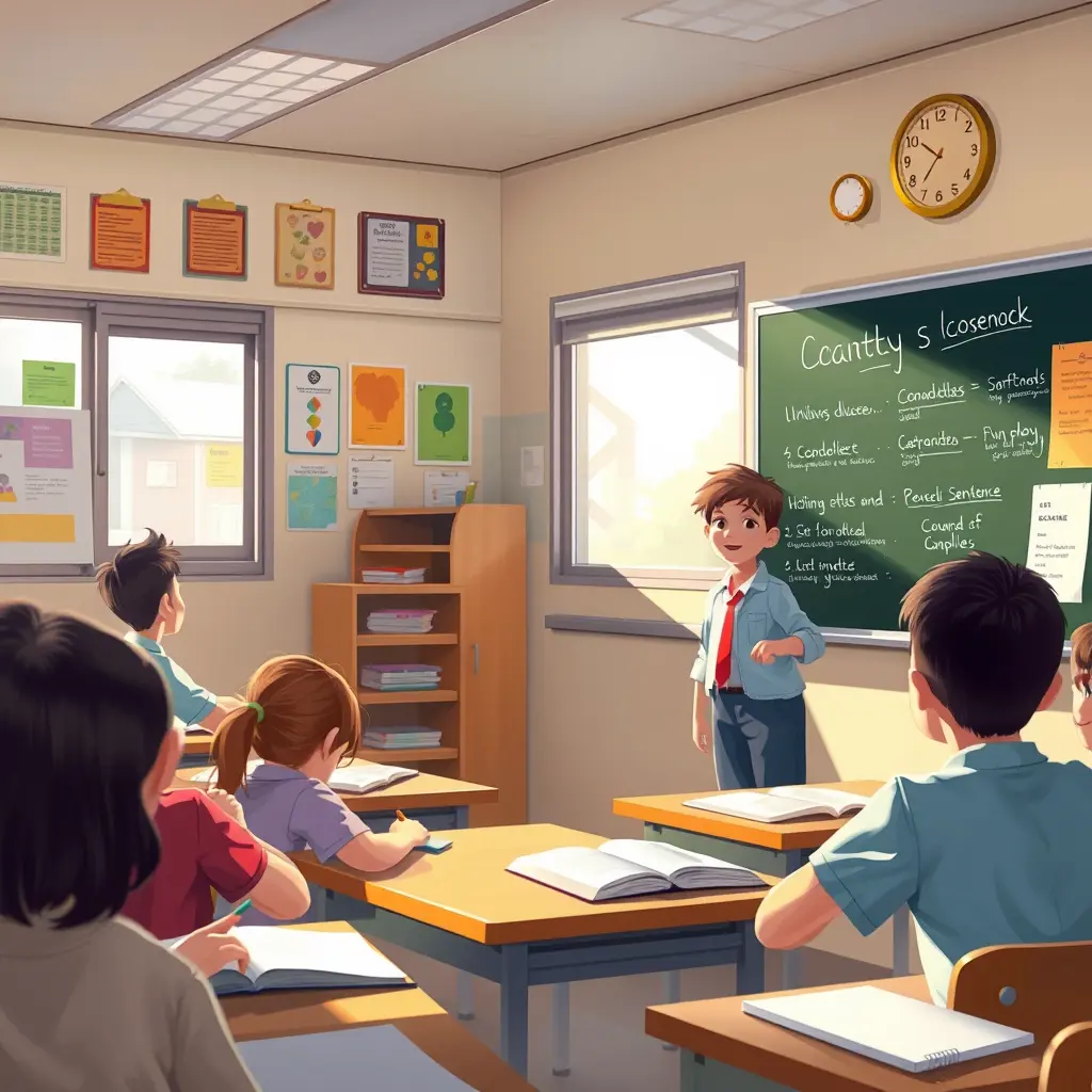 في فصل دراسي دافئ مُزين بملصقات ملونة وجوائز أكاديمية، يرفع طالب صغير يده بنظرة فضولية، سائلاً معلمه بشغف عن كيفية تكوين جملة معقدة. يبتسم المعلم بدفء، ويقف أمام السبورة المزينة بأمثلة من التراكيب النحوية، مستعداً لإرشاده. يغمر الضوء الطبيعي الناعم المشهد، متسللاً عبر النوافذ المُعتمة، مُلقياً بظلال لطيفة على مكاتب الطلاب وكتبهم. ينضح الفصل بدفء وفضول فكري، بينما يستمع الطلاب بانتباه وهم يستعدون للامتحان القادم. الأسلوب: رسم رقمي، يُجسد أجواء التعلم وتبادل المعرفة المفعمة بالحيوية.