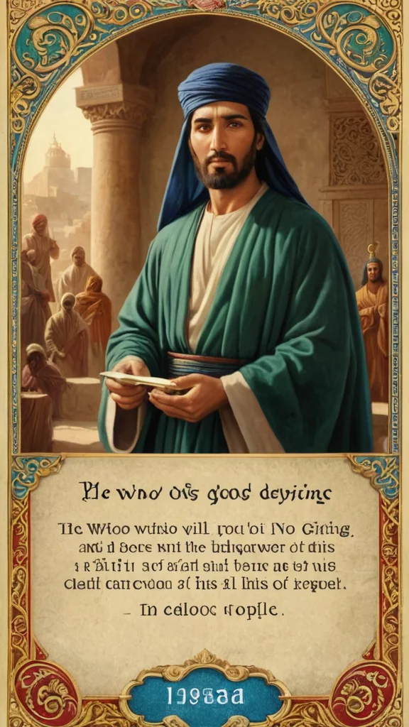 بطاقة، صورة معبرة عن فعل الخير، مركز واضح، ألوان دالة على العطاء. في الوسط تكتب ، عبارة: من يفعل الخير لا يعدم حوازيه .. لا يذهب العرف بين الله والناس. 1-48