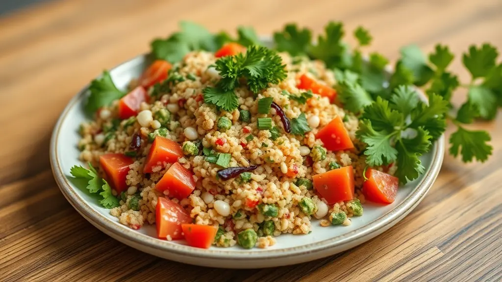 صورة بيها طبق علي سفرة به سلطة التبولة