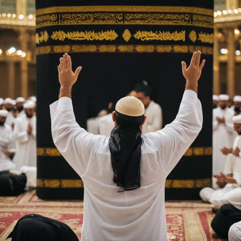 رجل ملتحي يصلي في الكعبة يرفع يديه مفتوحة بالدعاء