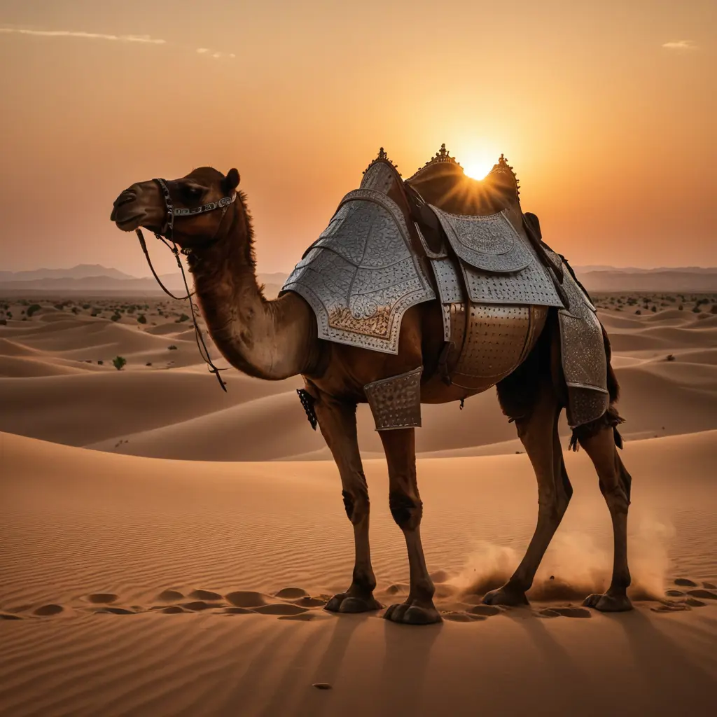 جمل في الصحراء يرتدي درع حديدي ساعة الغروب