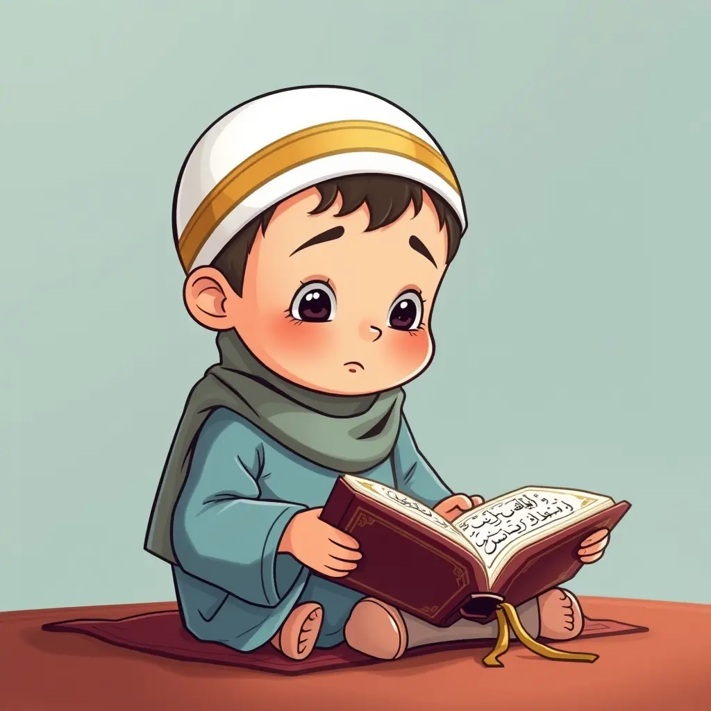 صورة كرتونية طفل مسلم يقرأ القرآن