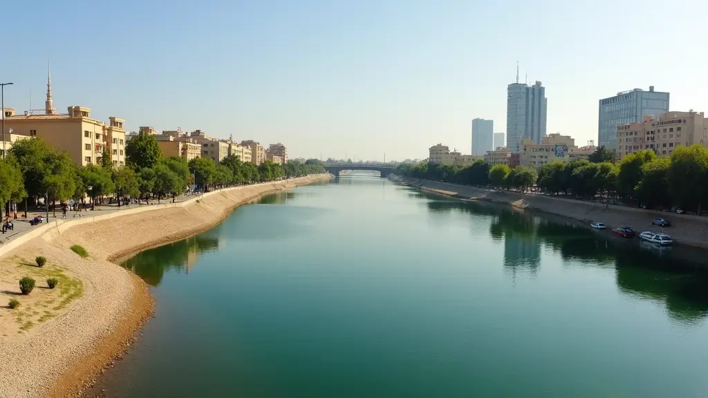 صورة أفقية لضفة نهر دجلة في بغداد، بدون ظهور النهر أو الماء، فقط الأرض، الأشجار، الأرصفة، الأبنية، والملامح المعمارية على جانب النهر
