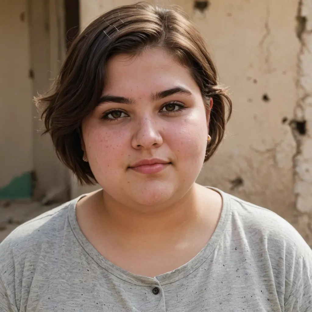 ارسم بنت سمينه و شعرها قصير و في وجهها حبوب الشباب و عمرها 15 سنه و في العراق