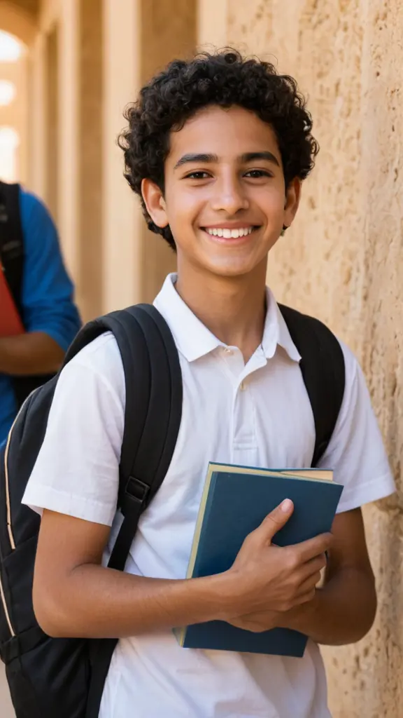 طالب مصرى مجتهد مبتسم يحمل حقيبة ظهر وكتاب