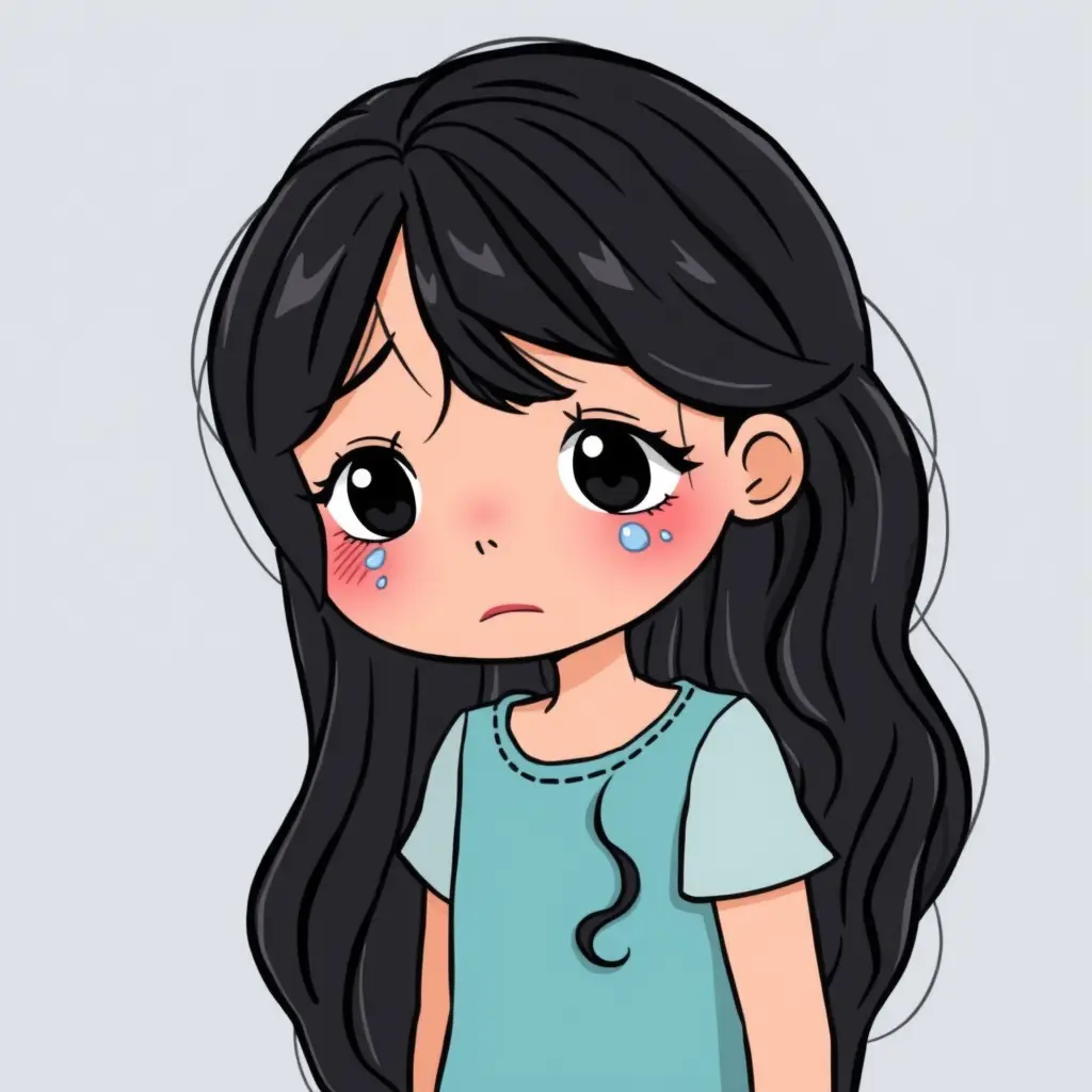 صورة طفلة حزينة وتبكي بشعر مموج طويل لونه اسود صورة كرتونية