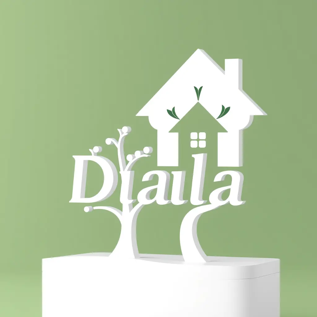 Generate a minimalistic  logo in 3d for a company named 'Diala'  in the family field. The logo should prominently feature house and family tree .