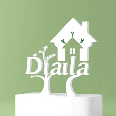 Generate a minimalistic  logo in 3d for a company named 'Diala'  in the family field. The logo should prominently feature house and family tree .
