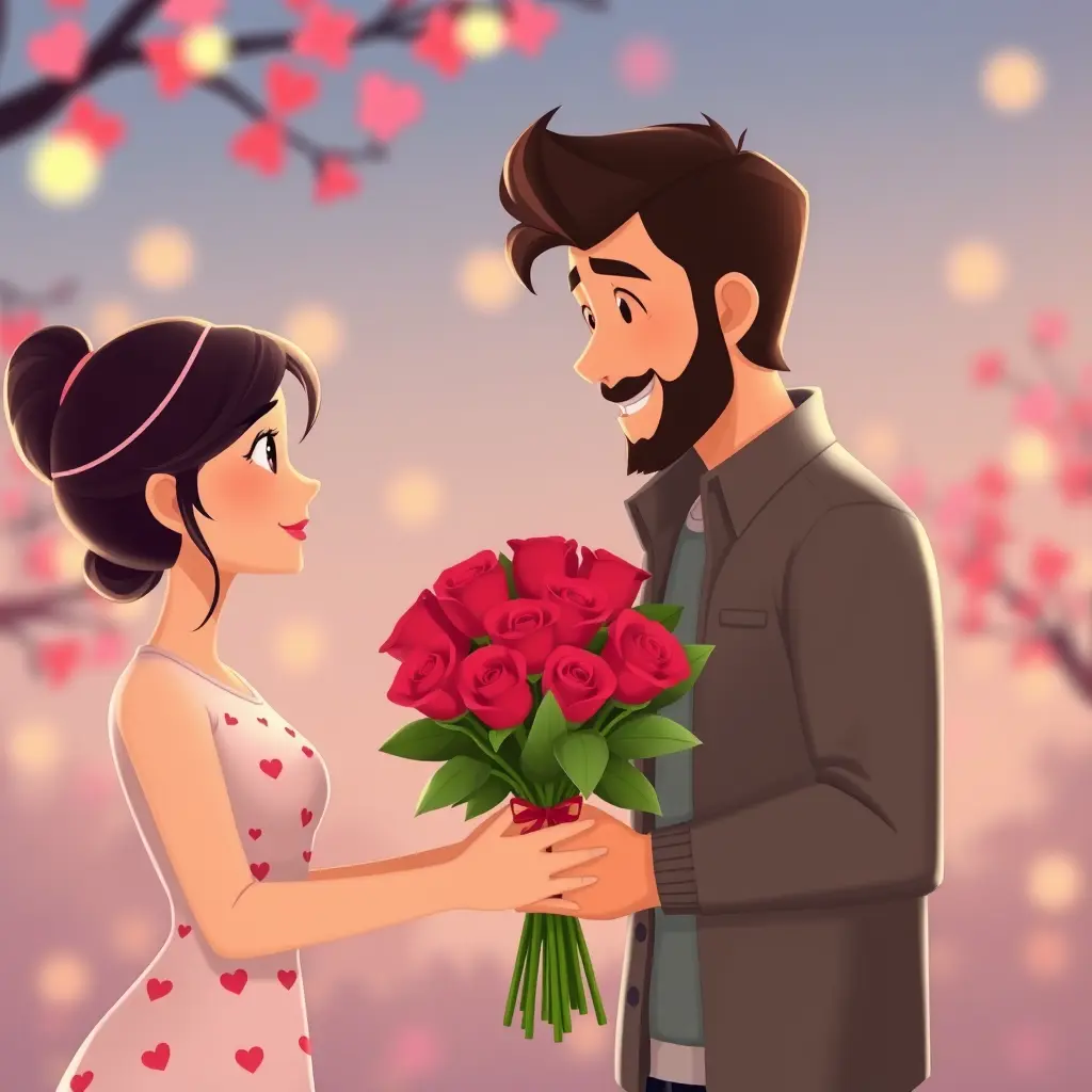 صورة متحركة لشخص يعطي باقة ورود لحبيبته لمناسبة الخطبة