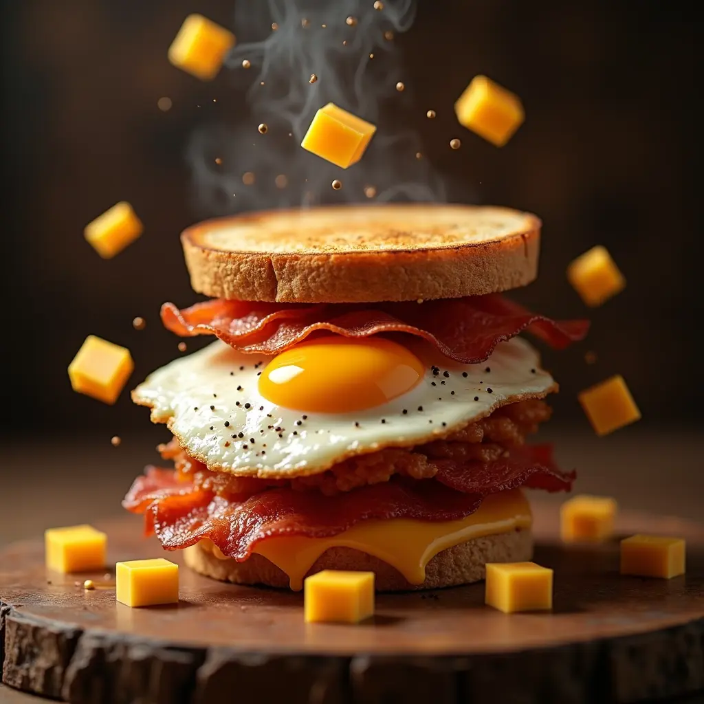 A hyper-realistic food photography scene showing a stacked breakfast sandwich made of toasted bread, crispy bacon, melted cheddar cheese, a sunny side up egg with black pepper, and pepperoni slices. The ingredients are floating in mid-air in a dramatic composition. Small cubes of cheddar cheese and pepperoni are suspended around the sandwich. Steam rises from the egg, and the lighting is warm and moody, with a blurred dark brown background, giving the scene a cinematic and appetizing look.