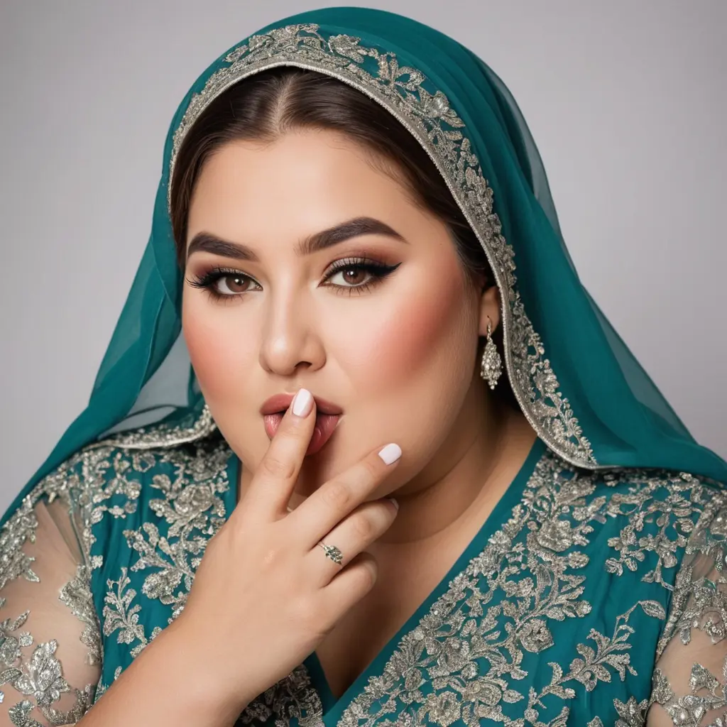 صورة لامرأة جميلة سمينة وهى تضع اصبعها فى فمها  وارتدى فستان جميل وتضع مكياج جميل و محجبة وتقول احبك يا محمد 