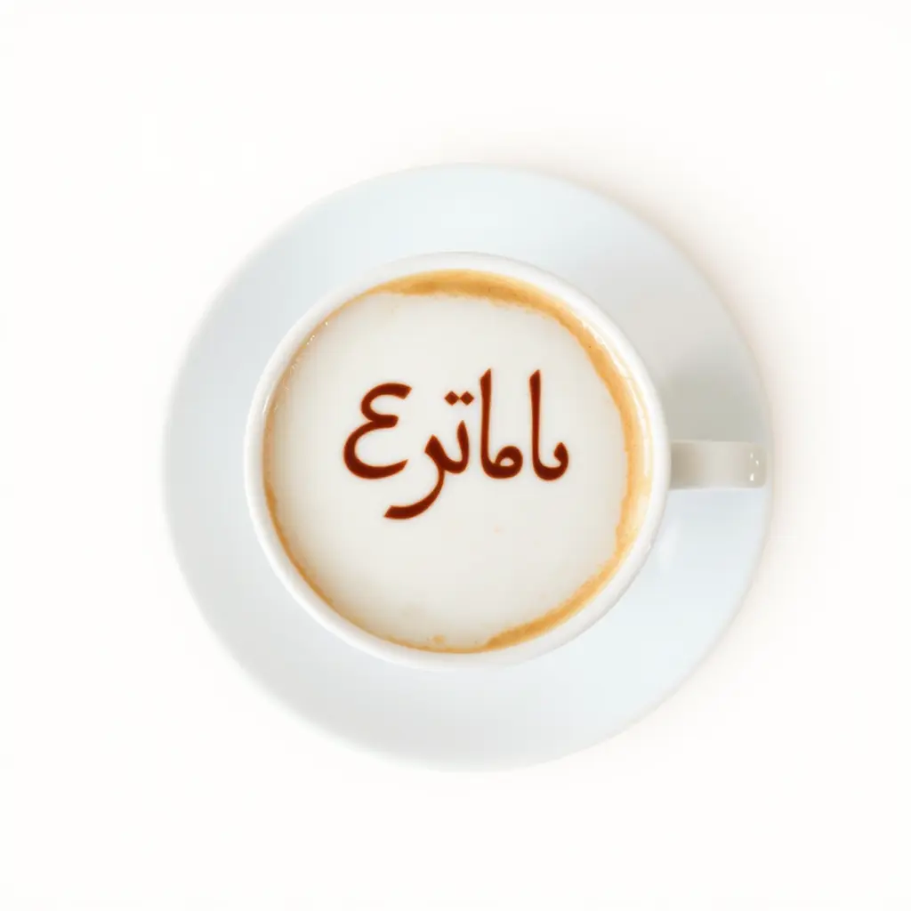 كوب قهوة أبيض على طبق أبيض، موضوع في منتصف الإطار. يُظهر رغوة قهوة بنمط حرف "Ehab" مكتوبة عليها بخطٍ فنيٍّ بنّي. القهوة ذات لونٍ بنّيٍّ فاتح. الطبق والكوب أبيض. اللون العام للصورة هو بنيٍّ فاتح مع لمساتٍ بنيةٍ داكنة. الضوء متوازنٌ بشكلٍ جيد. التركيبة بسيطة وواضحة. المنظور من فوق كوب القهوة. الجو هادئ وطبيعي.