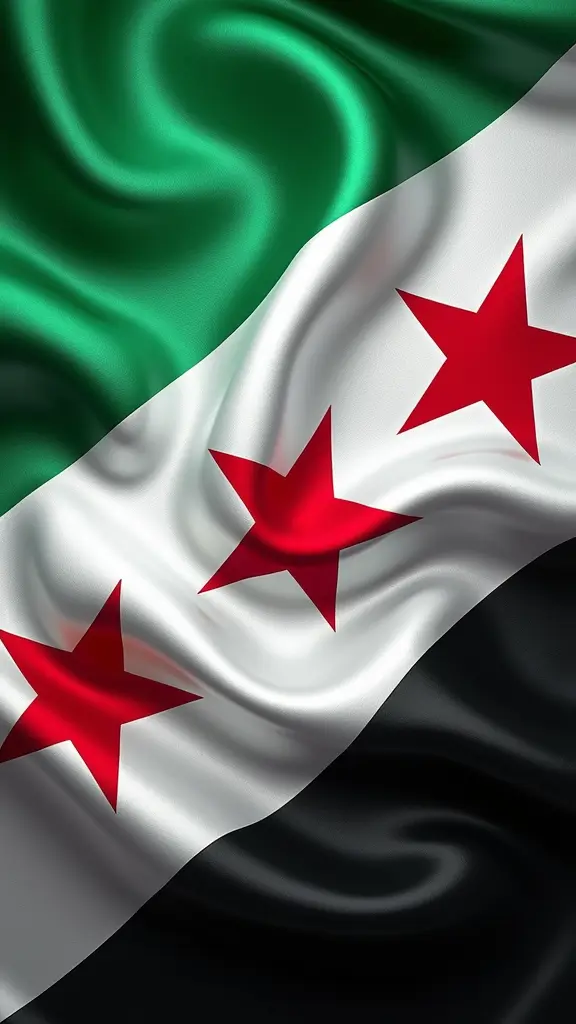 The flag of the Syrian revolution, with three red stars, a green stripe at the top, and a black stripe at the bottom, with beautiful visual effects.