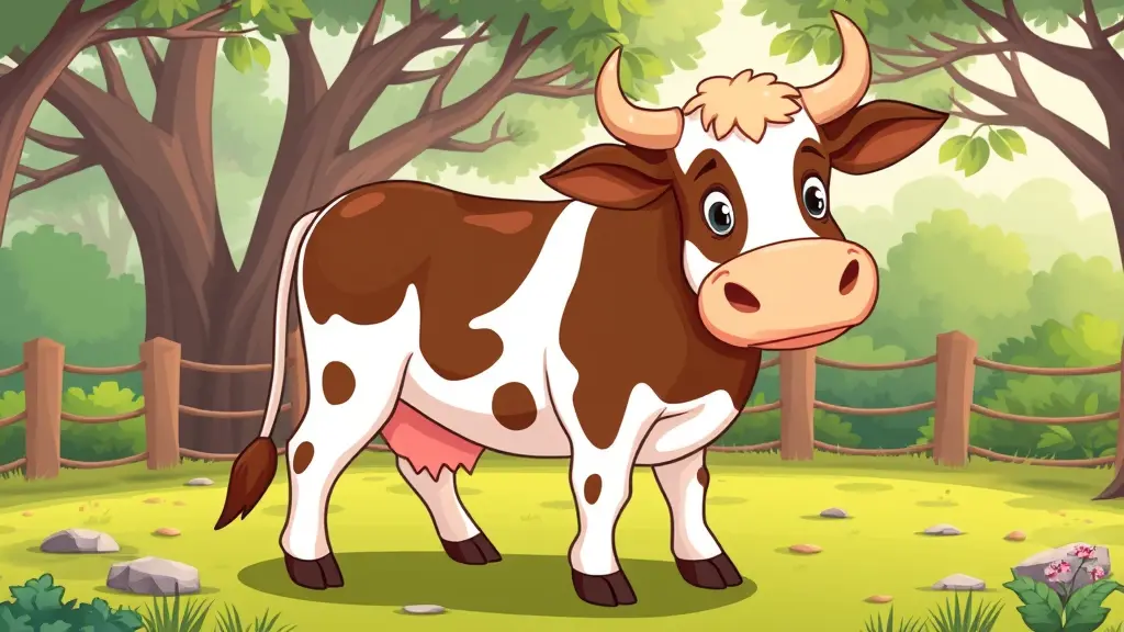 صور كرتون بقرة في حديقة الحيوانات وخلفها اشجار