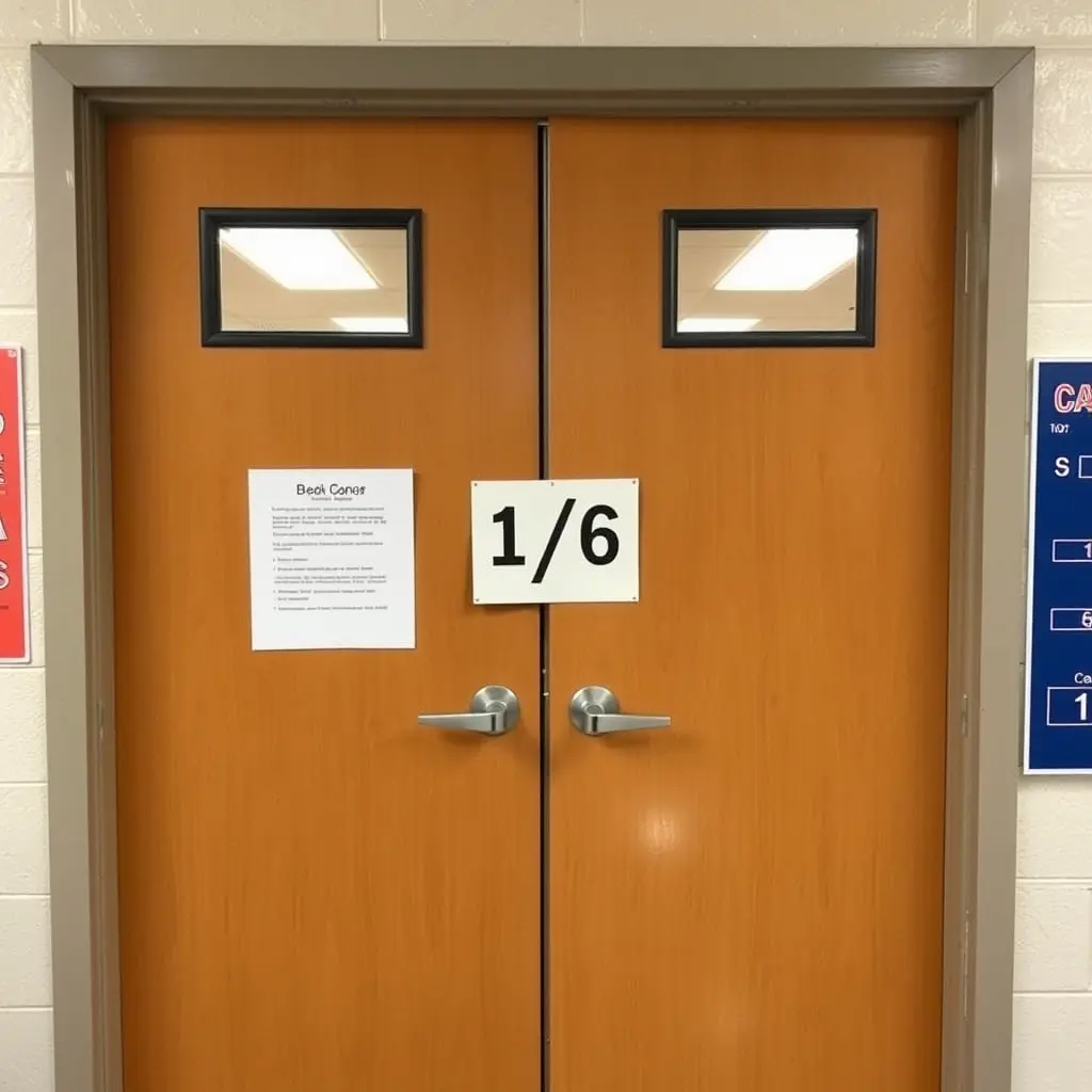 صورة لباب فصل مزدوج في مدرسه معلق علي هذا الباب لوحه مكتوب عليها (1/6)