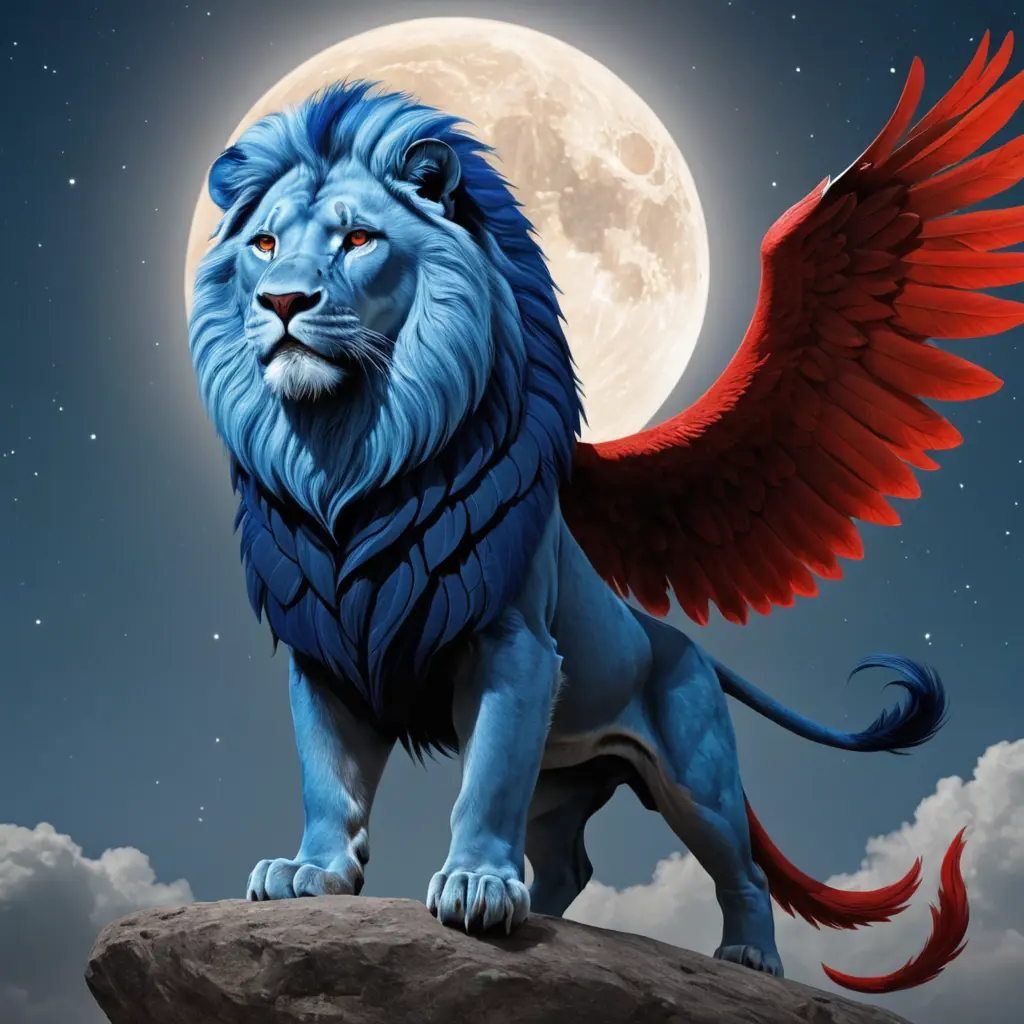 ارسم صورة اسد ازرق يقف فوقه نسر احمر فوق القمر