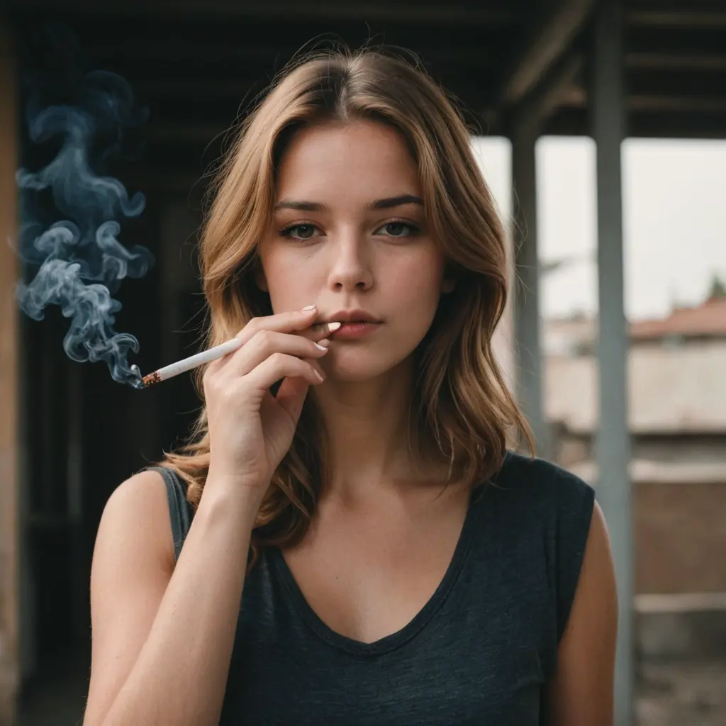 بنت شعرها الى كتفها لونه بني فاتح تدخن سجائر