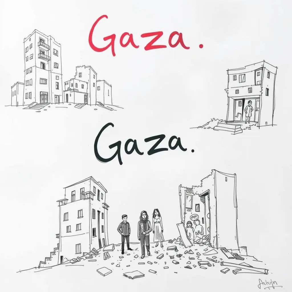 صور اسكتشات  شكل بنايات ودمار مكتوب عليها كلمة غزة. وطالعين منها ناس 
