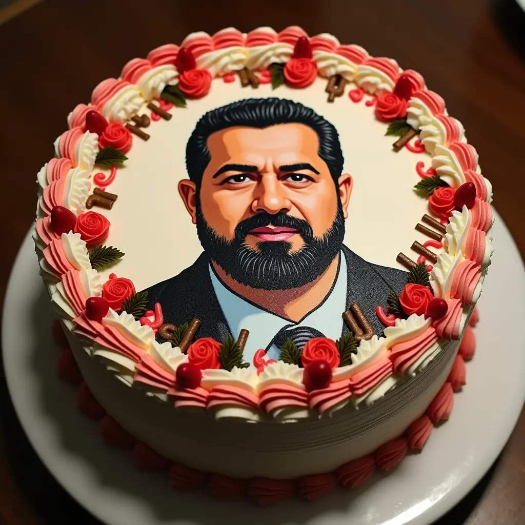 كيكة عليها صورة صدام حسين ومكتوب تحت  الصوره ميلاد سعيد Ammar