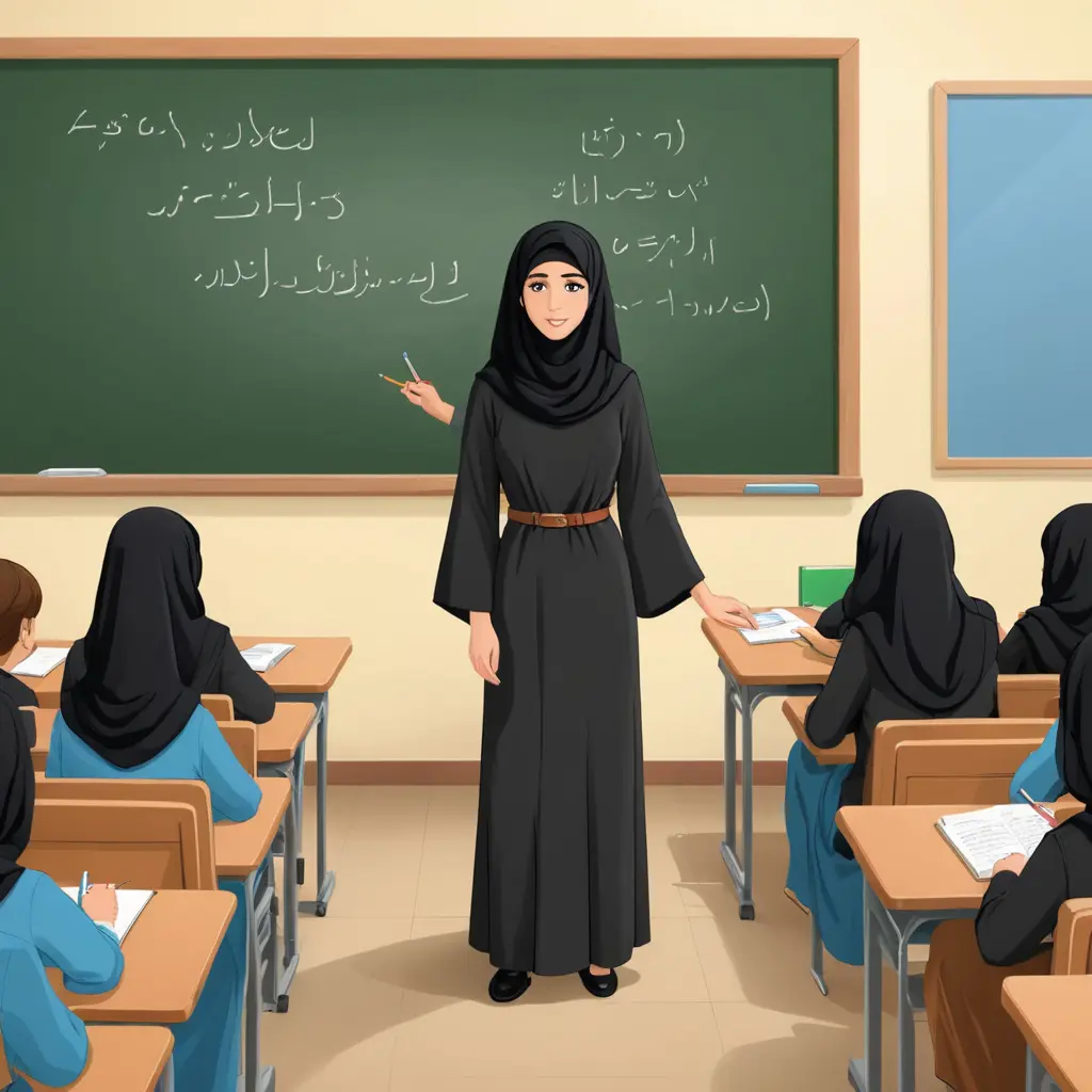 صورة كرتونية لمعلمة ترتدي عباءة عند السبورة أمام طالباتها البنات في المرحلة الاعدادية في الصف والطالبات غير محجبات يرتدي ملابس المدرسة