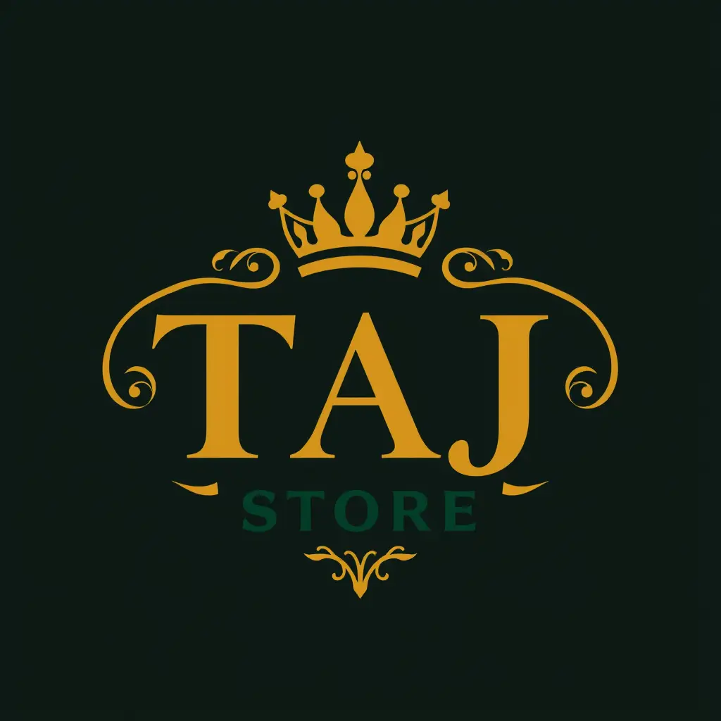 تصميم شعار لوقو باسم تاج ستور Taj store مزيج بين التاج والنص باللون الذهبي والاخضر