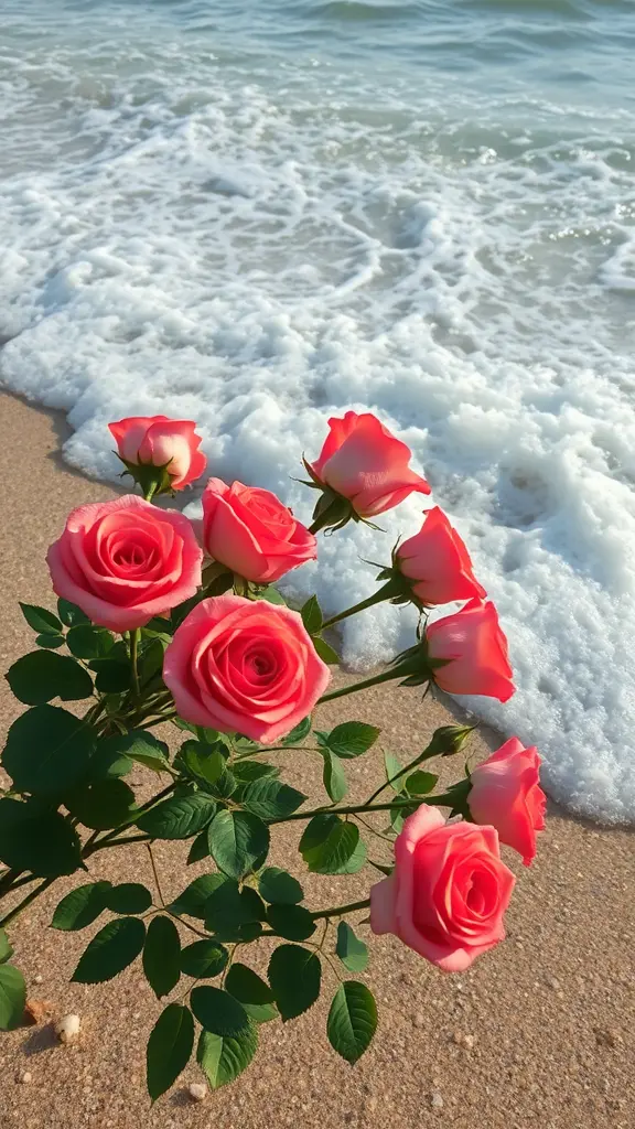 صورة البحر مع ورود رماهم أمواج بحر في شاطئ
