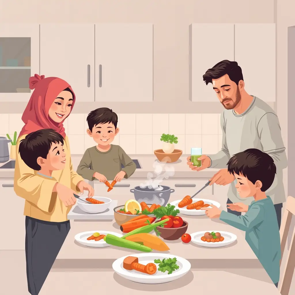 صورة فيكتور
عائلة في المطبخ
الأم بالحجاب تحضر الطعام
الأب يقطع الجزر
الأولاد يحضرون طاولة الطعام