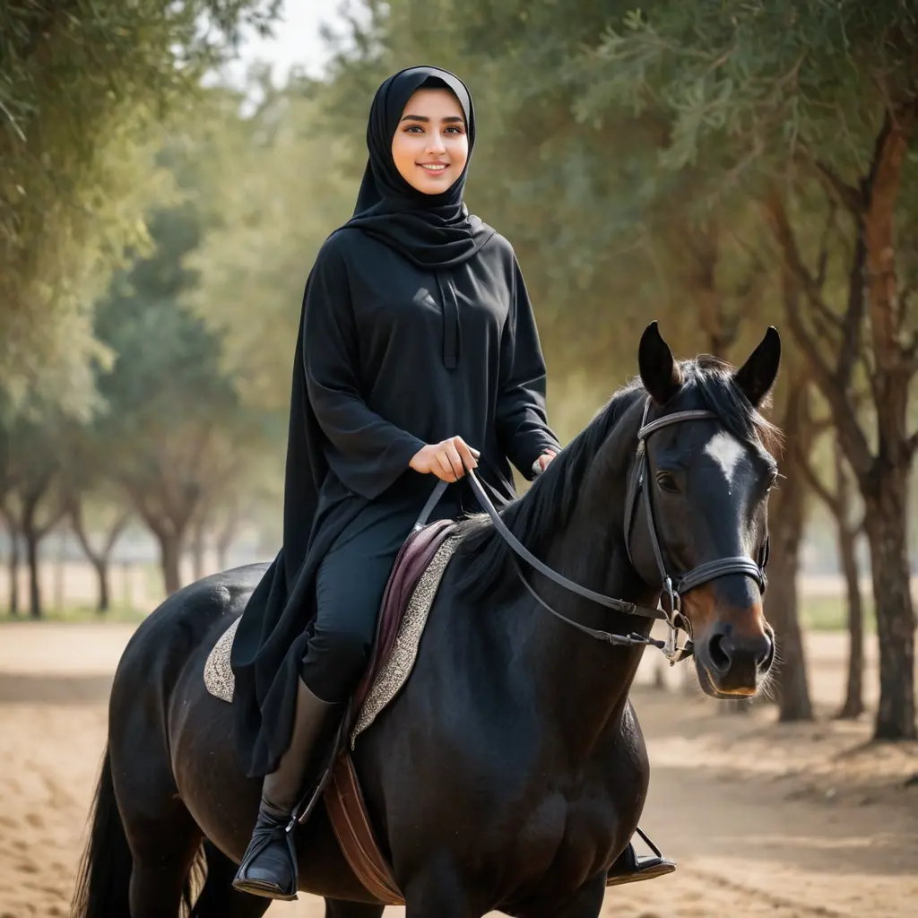 فتاه ترتدي الحجاب الشرعي الاسود تركب فوق ظهر الخيل العربي الاصيل