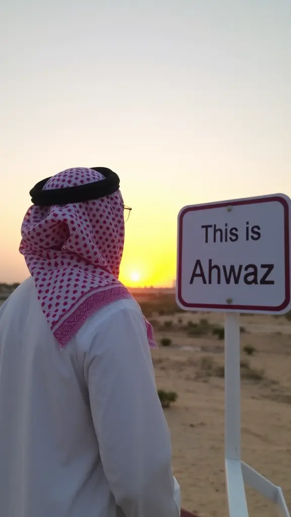 رجل يرتدي الثوب الابيض و الشماغ الأحمر المرقط و ينظر لغروب الشمس مع لافتة بقربه مكتوب عليها هنا الأحواز