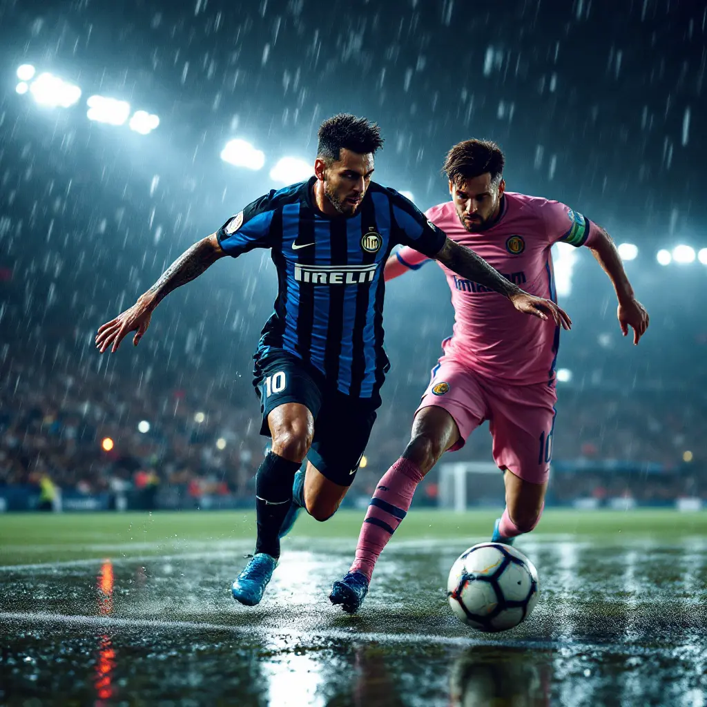 Ultra-realistic 8K sports action photograph of legendary Egyptian actor Adel Imam playing for Inter Milan, wearing the modern blue-and-black Nerazzurri kit (no. 10, “IMAM” on the back), sprinting down San Siro’s rain-slick pitch at night under dramatic stadium flood-lights, powerful motion blur on the crowd, frozen high-shutter-speed droplets in the air, dynamic low-angle shot from the touch-line, Imam fiercely shielding the ball with his left foot while shoulder-charging Lionel Messi (opponent in Inter Miami’s pink kit, visible logo), Messi recoiling mid-contact, intense facial expressions, sweat beads, rich skin texture, cinematic depth-of-field (f/1.8), volumetric light rays cutting through light drizzle, HDR, photorealistic textures, realistic muscle definition, sharp Nike boots reflections, vivid accurate colors, high contrast, masterpiece, award-winning sports photo
