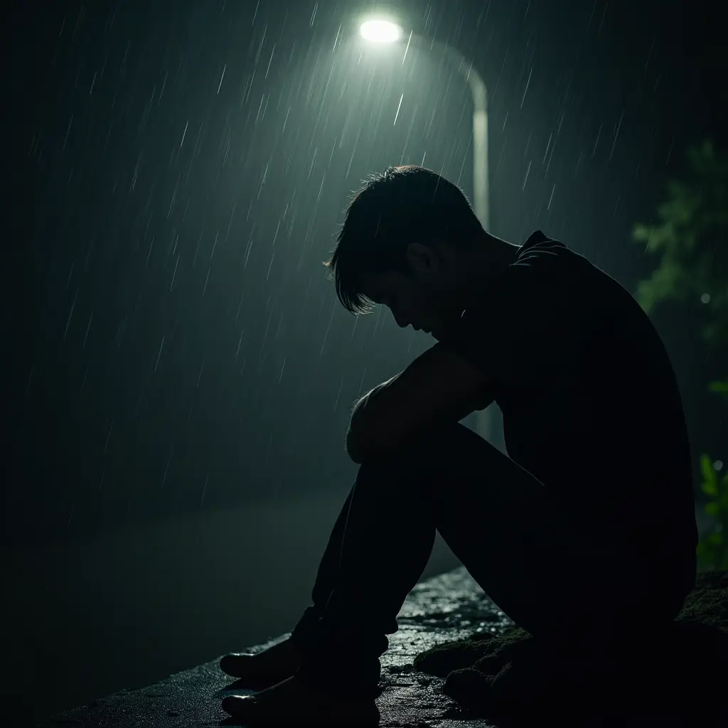 شخص جالس بالظلام والمطر خفيف يملئه الحزن والحيرة