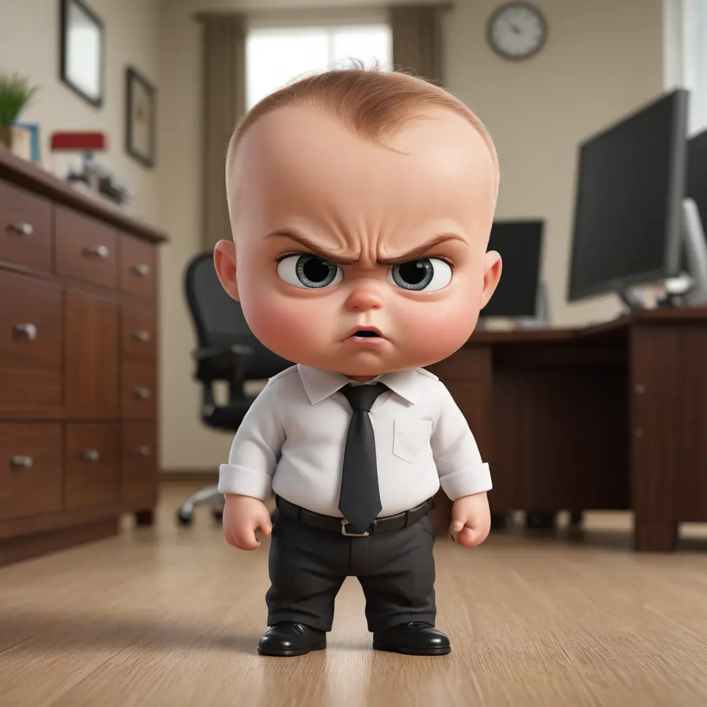 angry boss baby in a adult body going to work