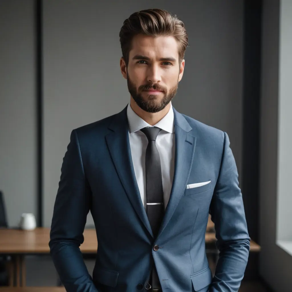 رجل وسيم طويل عريض الاكتاف لديه لحية ويرتدي ملابس العمل