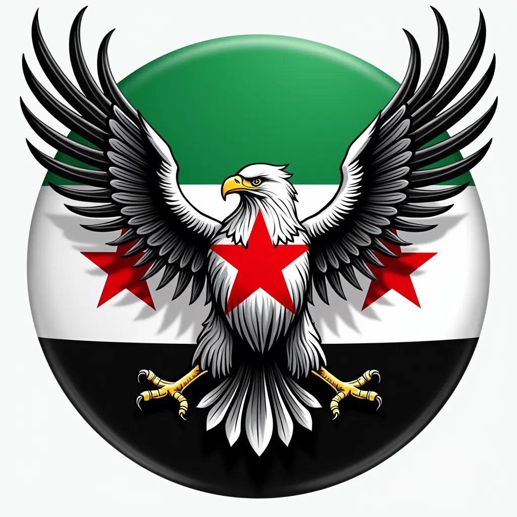 نسر مع علم الثورة السورية لون العلم القسم العلوي اخضر القسم الاوسط ابيض القسم السفلي اسود مع وجود ثلاث نجوم حمراء في منصف القسم الابيض دقة عالية