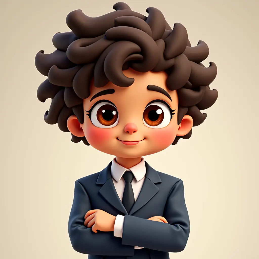 شخصية كرتونية ولد شعره كيرلي عينه بنيه صوره كرتونية لطفل شعره كيرلي وبشره قمحاويه يرتدي بدلة رسميه ووظيفة مقدم برامج